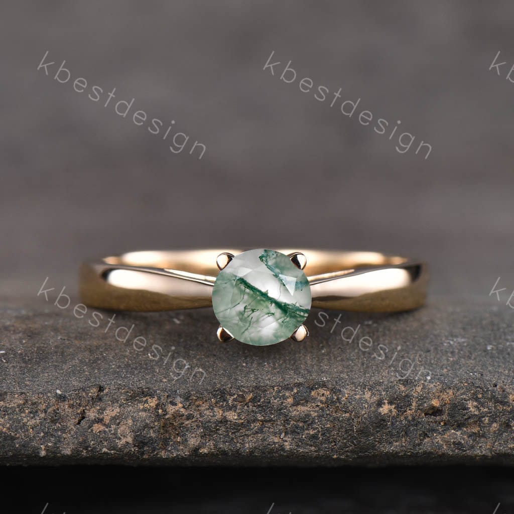 Delicate Moss Agate Ring Round Cut Moss Agate Engagement Ring Yellow Gold Solitaire Ring Stacking Ring Promise Ring Anniversary Gift