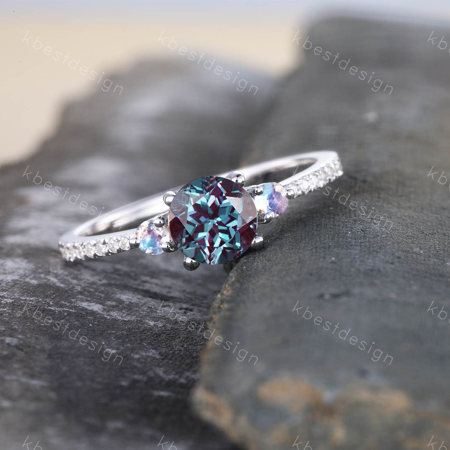 Three stone Alexandrite ring sterling silver ring for women 6mm round cut Alexandrite engagement ring moonstone ring promise ring gift