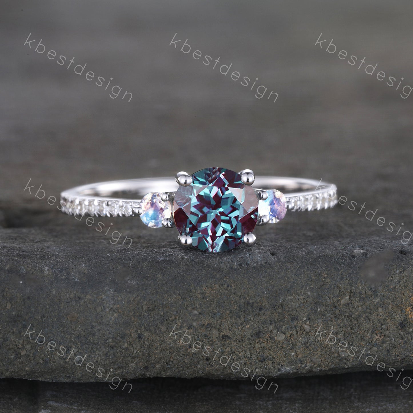 Three stone Alexandrite ring sterling silver ring for women 6mm round cut Alexandrite engagement ring moonstone ring promise ring gift
