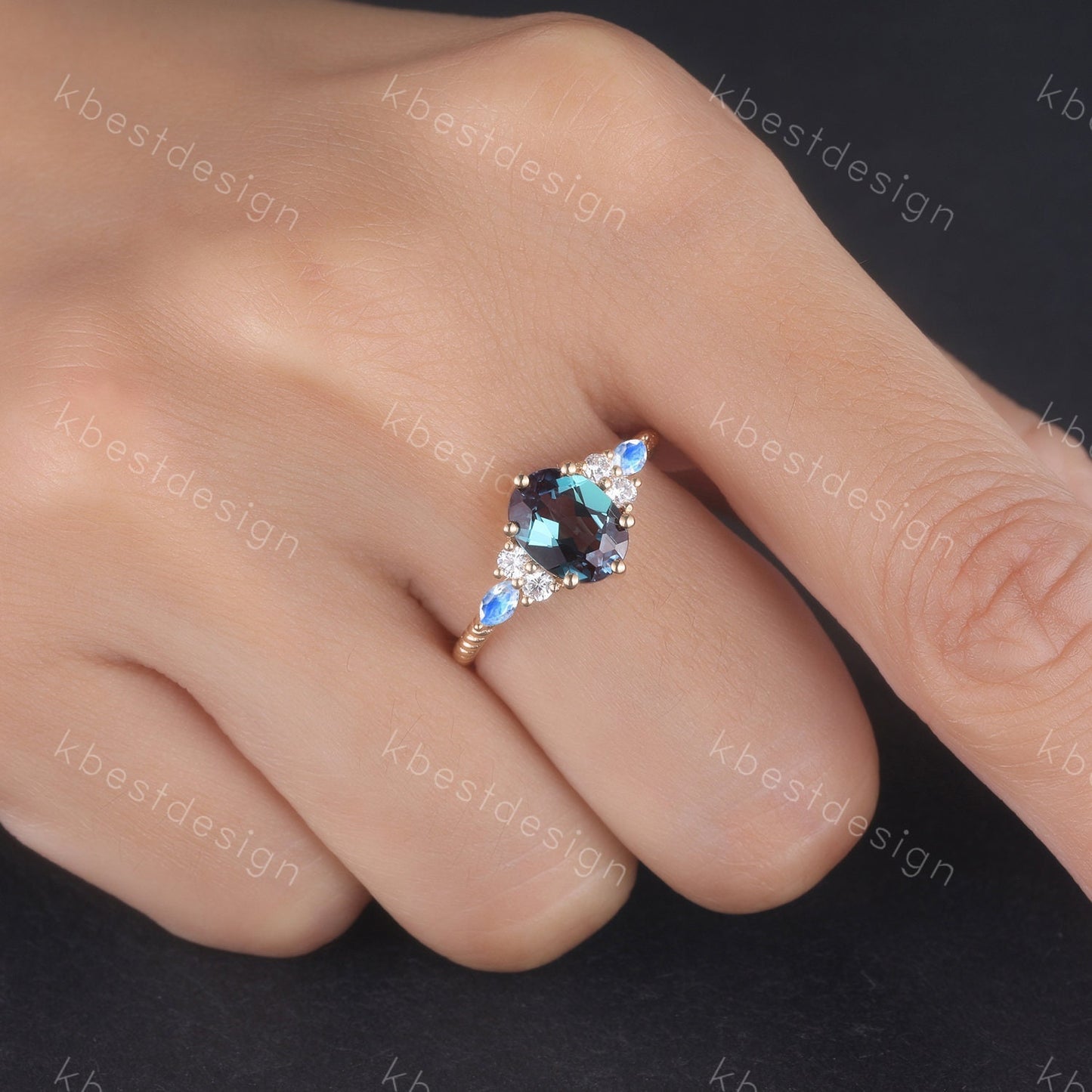 14K gold ring Alexandrite ring for women vintage Alexandrite engagement ring marquise cut Moonstone ring Unique twist wedding band