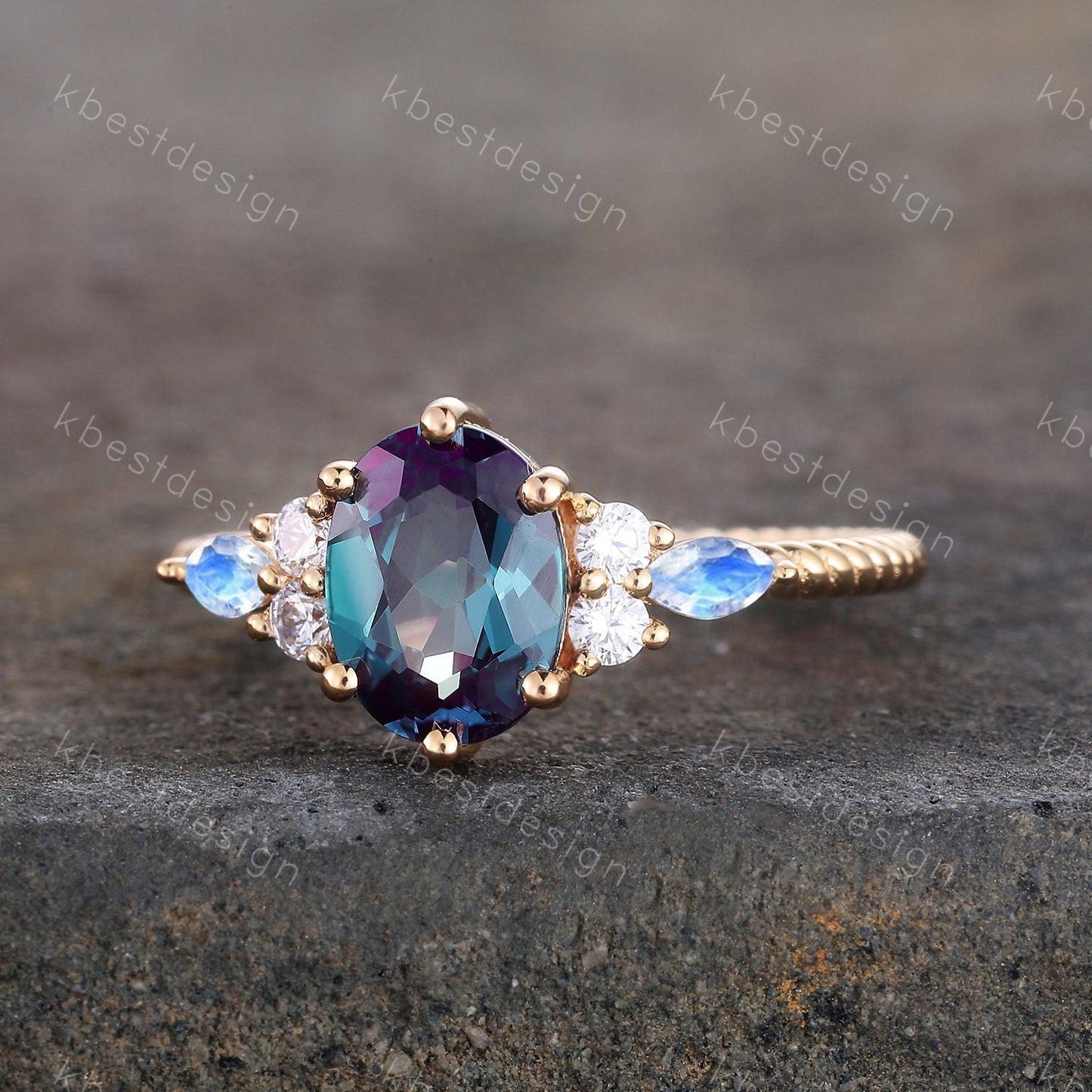 14K gold ring Alexandrite ring for women vintage Alexandrite engagement ring marquise cut Moonstone ring Unique twist wedding band