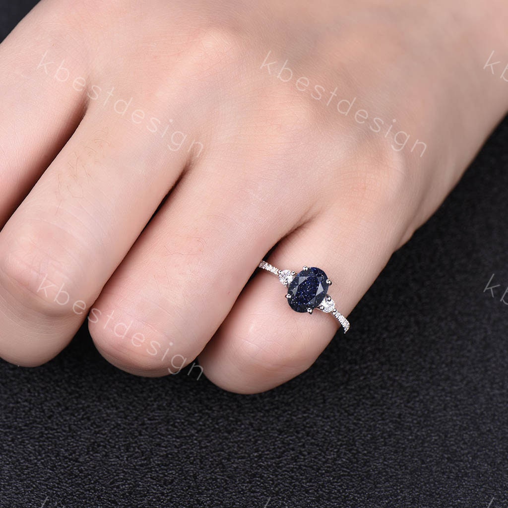 Blue Sandstone Engagement Ring Oval Cut Vintage Galaxy Three Stone Ring 925 Sterling Silver Ring Unique Diamond Promise Ring For Women