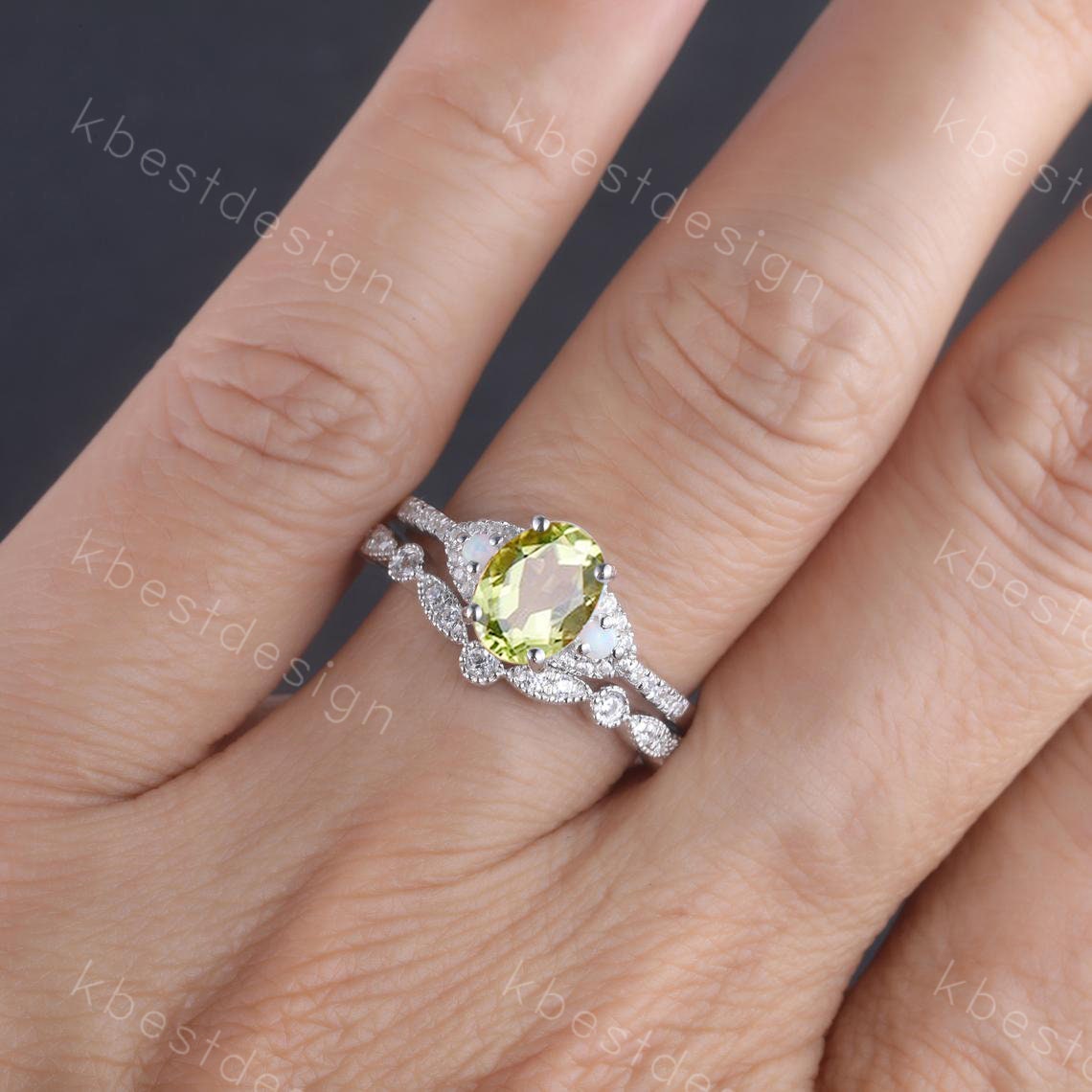 Vintage Peridot Engagement Ring Set Oval Green Peridot Ring Rose Gold Art Deco Stacking Band August Birthstone Ring Promise Bridal Set