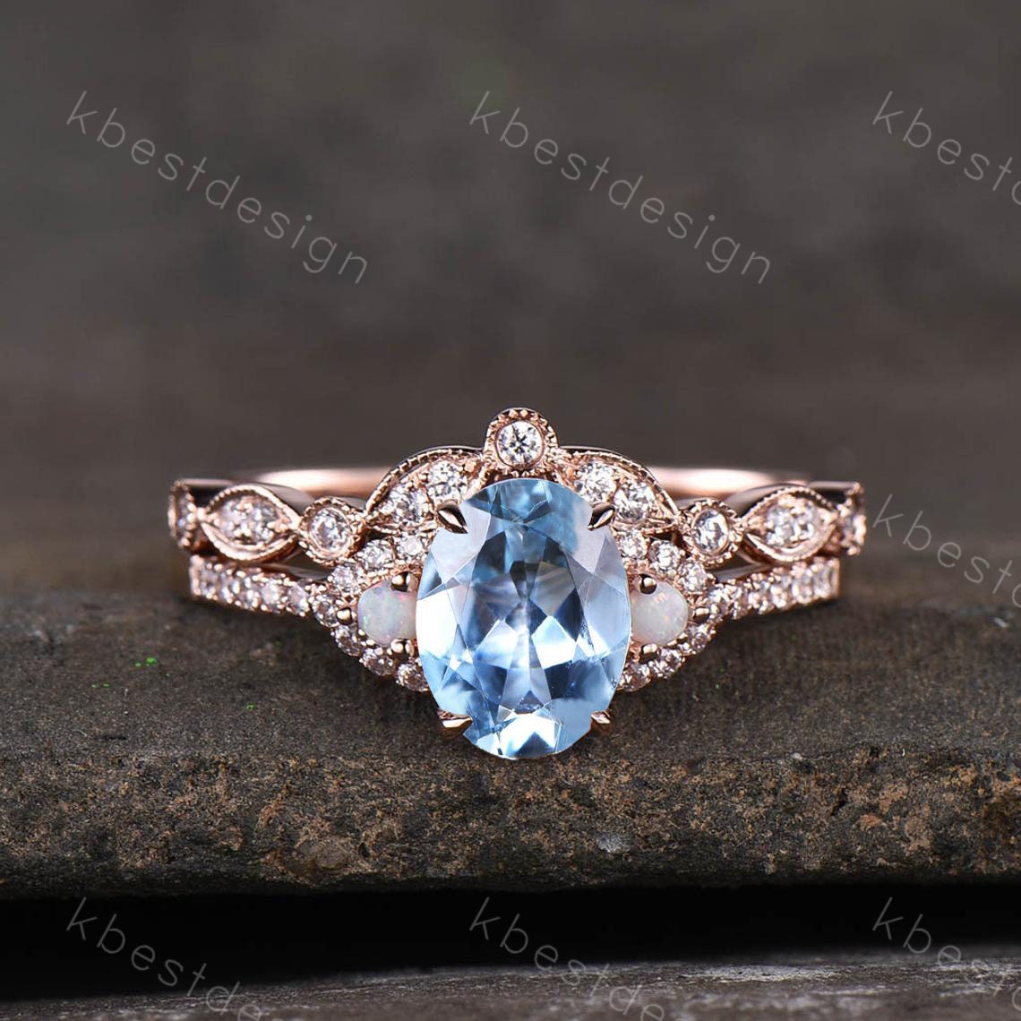 Oval Aquamarine Engagement Ring Set Vintage Rose Gold Aquamarine Bridal Ring Set Art Deco Curved Matching Band Anniversary Gift for Her
