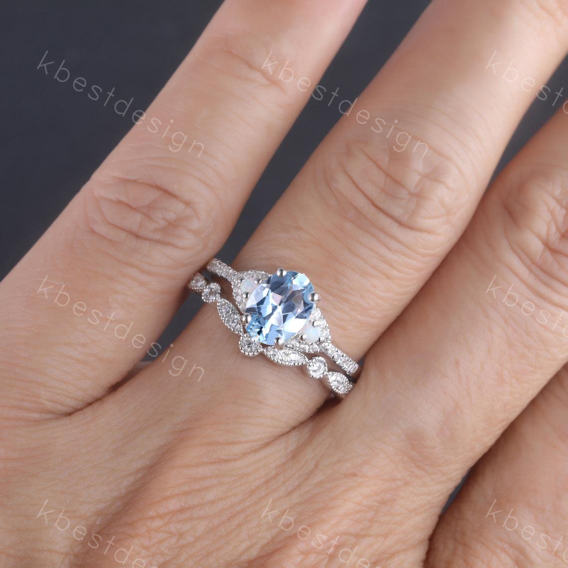 Oval Aquamarine Engagement Ring Set Vintage Rose Gold Aquamarine Bridal Ring Set Art Deco Curved Matching Band Anniversary Gift for Her