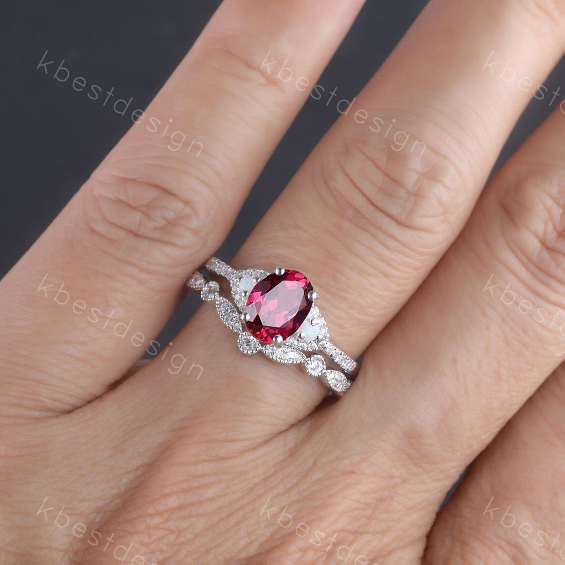 Vintage Ruby Bridal Set/ Oval Ruby Engagement Ring Set/ 14K Rose Gold Rings/ Engagement Promise Ring/ July Birthstone/ Anniversary Gift
