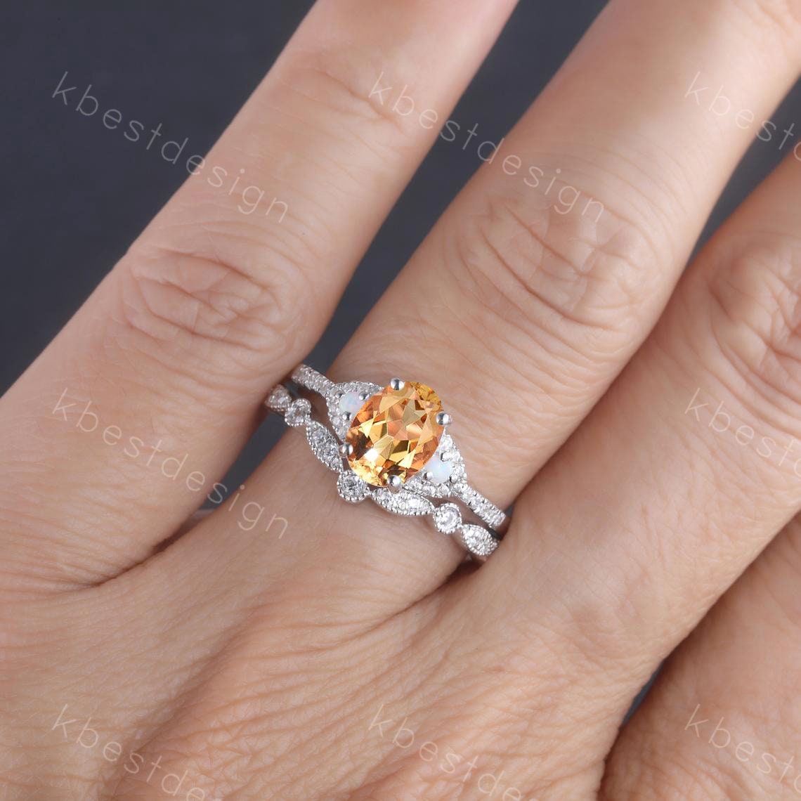 Natural Citrine Wedding Ring Set, Oval Citrine Opal Engagement Ring, Unique Curved Stacking Band, Art Deco Bridal Wedding Set, Promise Gift