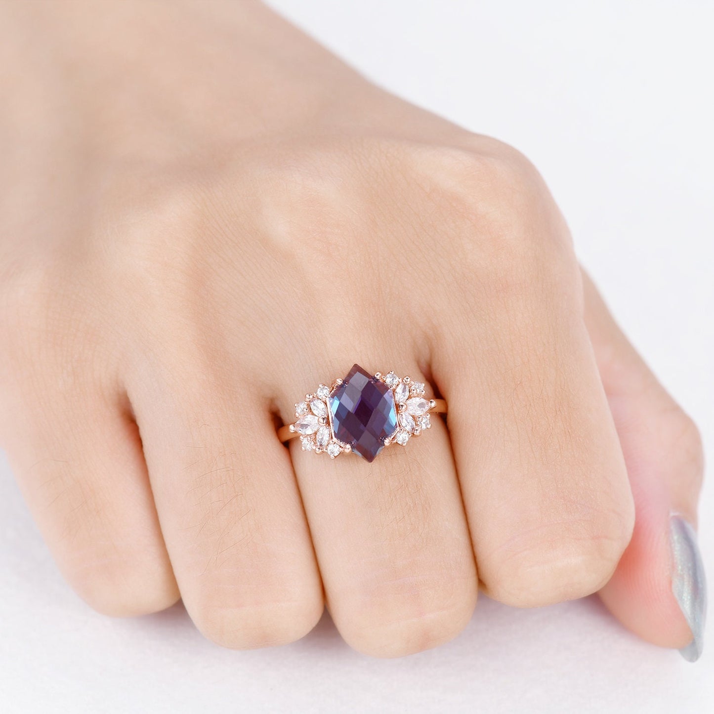 Vintage Alexandrite engagement ring,Unique Hexagon Alexandrite Ring,Cluster Diamond Ring,Bridal Wedding Ring For Women Gift,Statement Ring