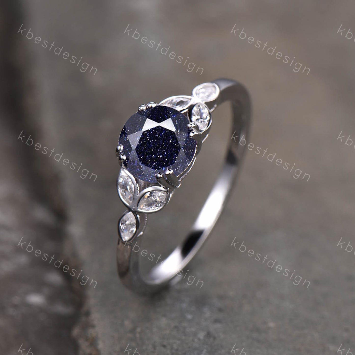 Blue Sandstone Ring 925 sterling silver ring Round cut blue sandstone engagement ring white gold unique marquise diamond band Gift for her