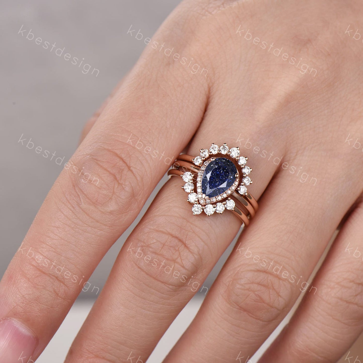 Vintage Blue Sandstone Wedding Ring Set Pear cut Blue Sandstone Engagement Ring Unique Curved Stacking Bands Bridal Promise Set Rose Gold