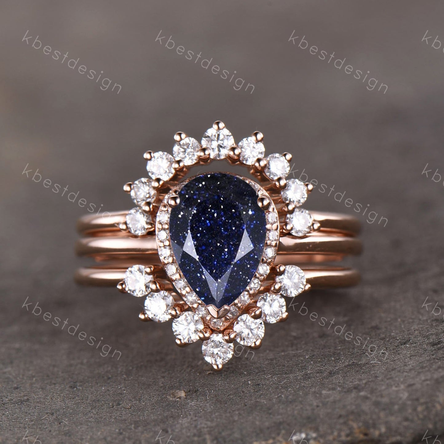 Vintage Blue Sandstone Wedding Ring Set Pear cut Blue Sandstone Engagement Ring Unique Curved Stacking Bands Bridal Promise Set Rose Gold