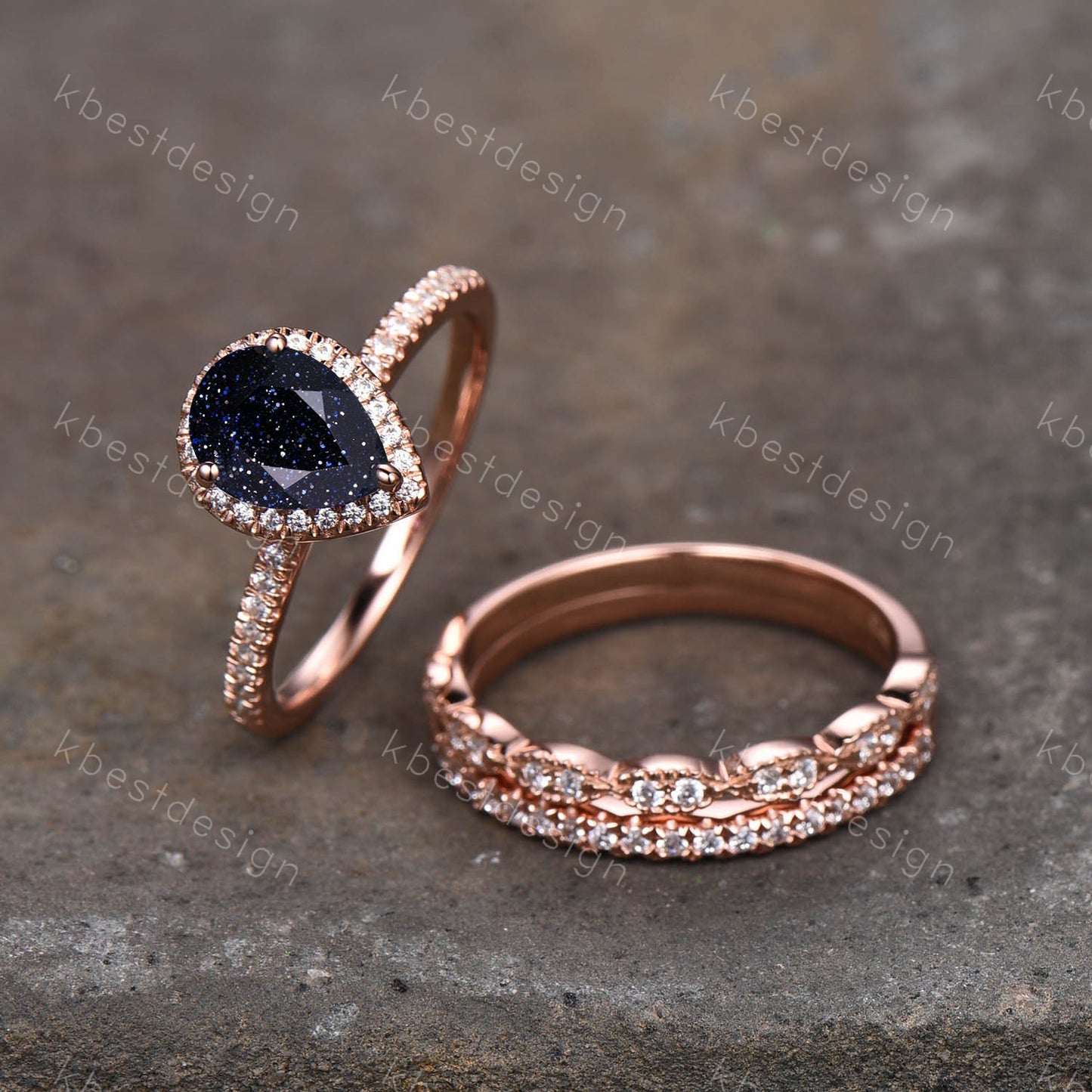 3PCS Blue Sandstone Wedding Set Art deco rose gold wedding ring pear blue sandstone engagement ring half eternity bands Promise Bridal ring