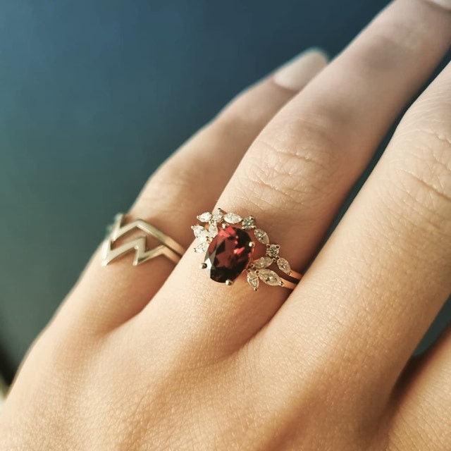 Vintage Garnet engagement ring set rose gold art deco ring moissanite stackng matching band women promise ring bridal ring anniversary gift