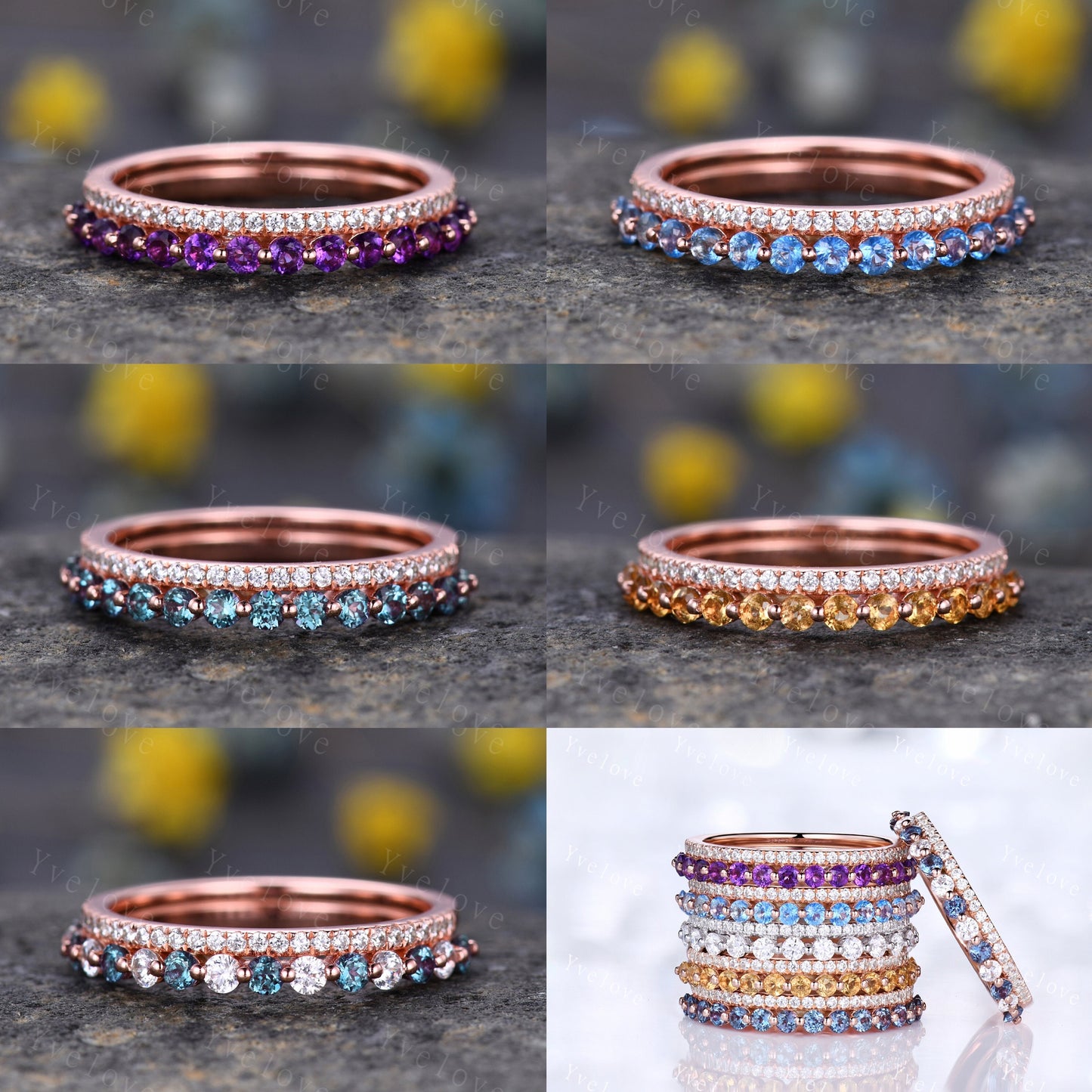 2 Row Unique Alexandrite Ring,Moissanite Half Eternity Band,Wedding Band,Engagement Ring,Stacking Ring,Anniversary Ring,Statement Ring Gift