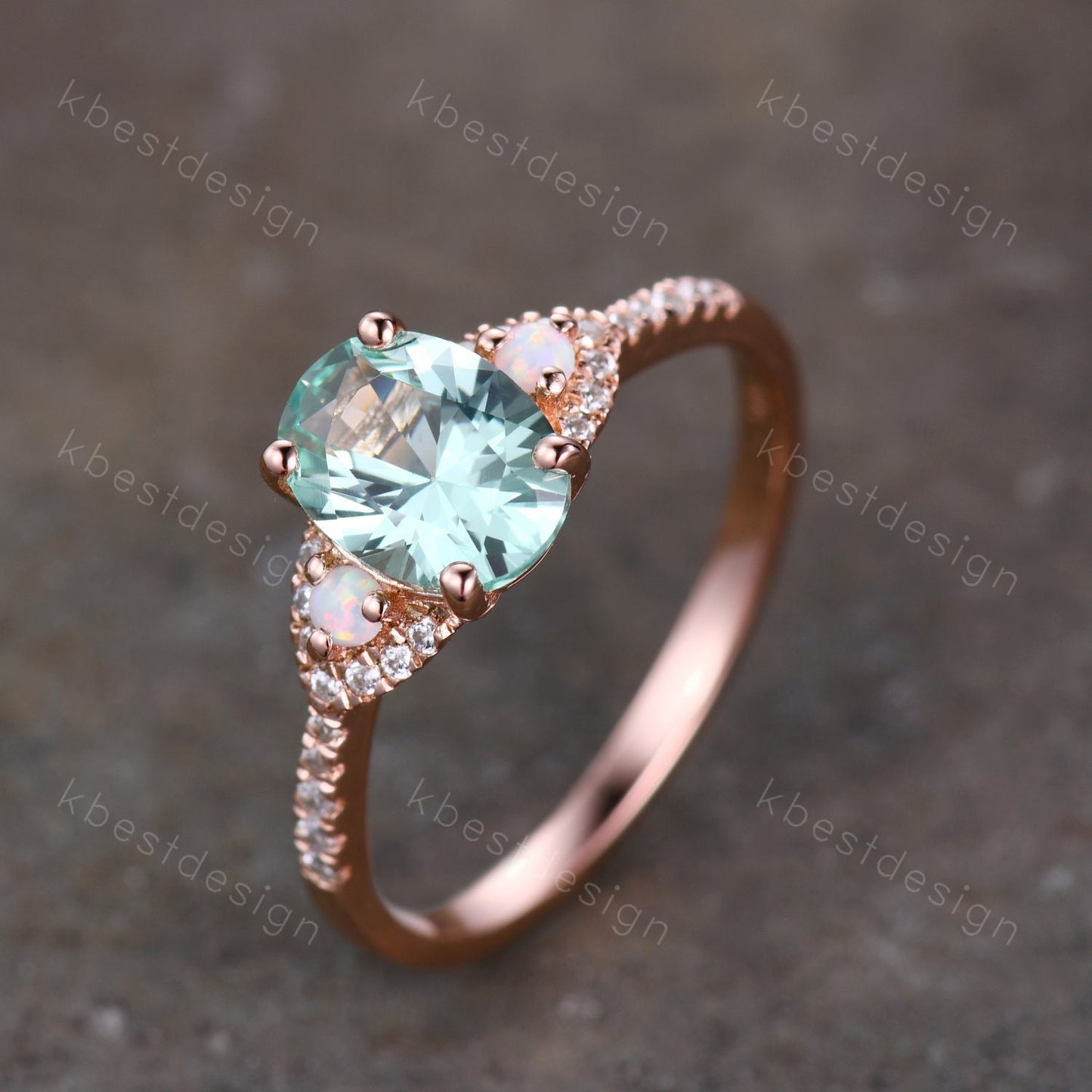 Vintage Green Sapphire Engagement ring Rose gold Ring Oval Sapphire Opal Wedding Ring Unique Diamond Bridal Ring Promise Anniversary Gift