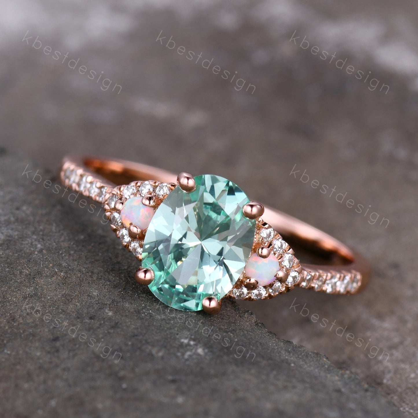 Vintage Green Sapphire Engagement ring Rose gold Ring Oval Sapphire Opal Wedding Ring Unique Diamond Bridal Ring Promise Anniversary Gift