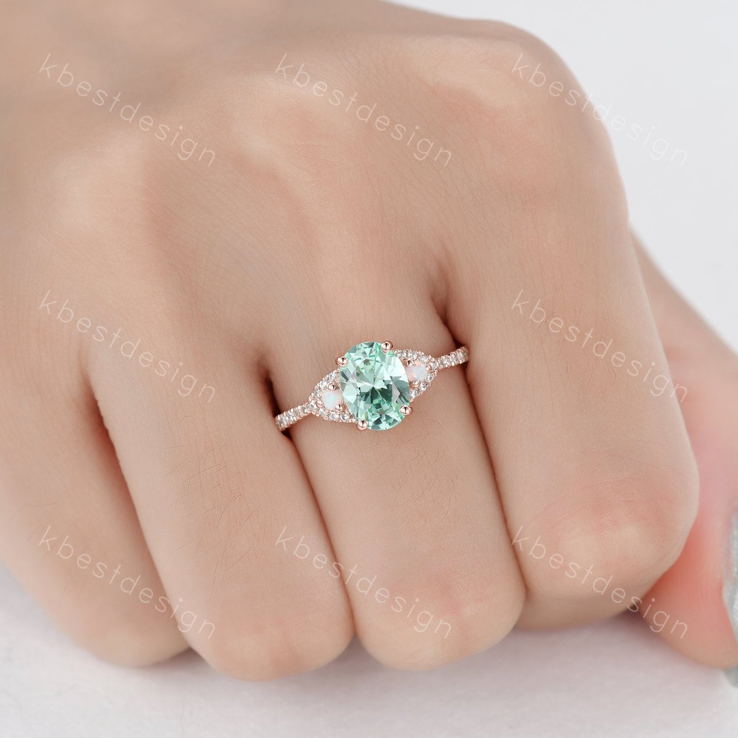 Vintage Green Sapphire Engagement ring Rose gold Ring Oval Sapphire Opal Wedding Ring Unique Diamond Bridal Ring Promise Anniversary Gift