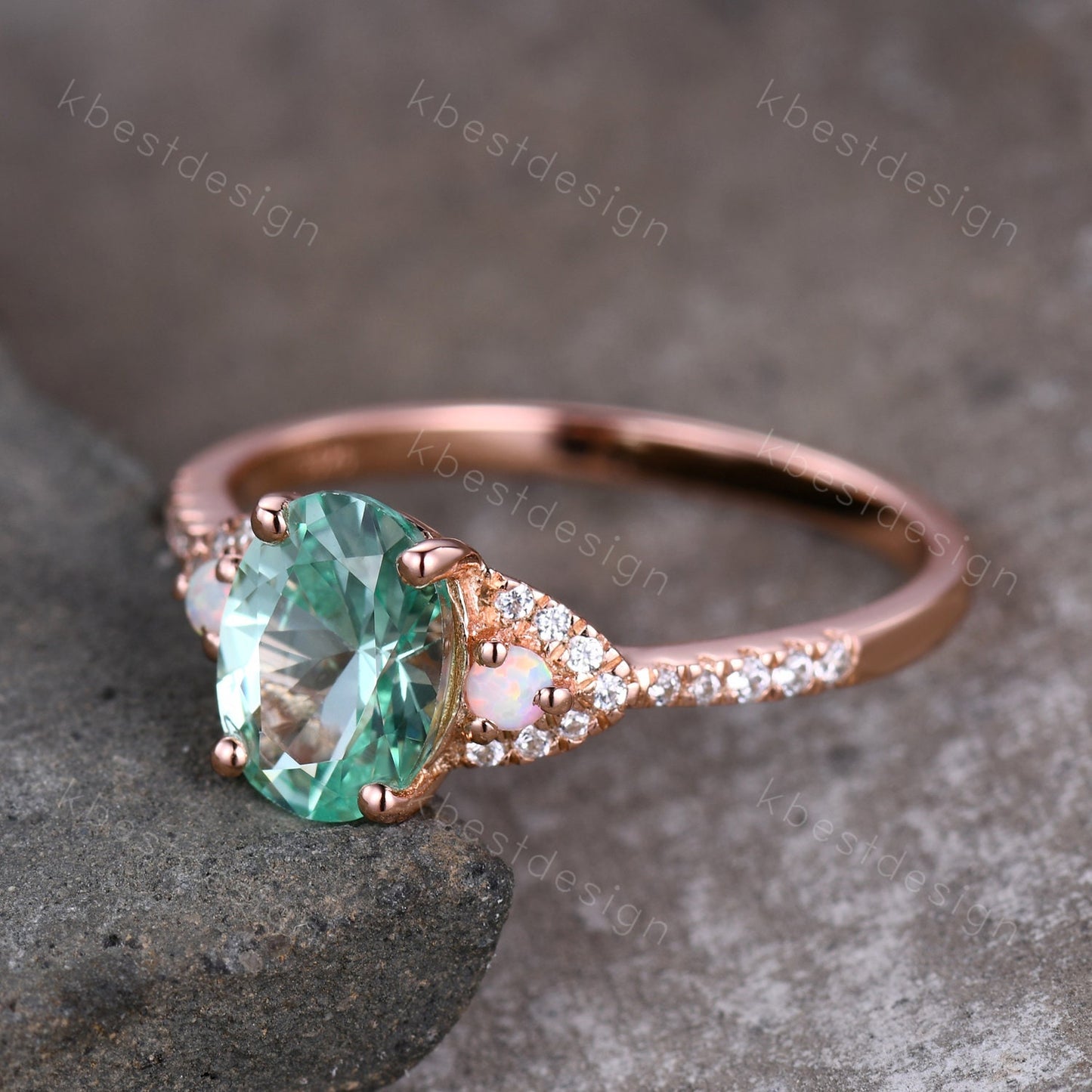 Vintage Green Sapphire Engagement ring Rose gold Ring Oval Sapphire Opal Wedding Ring Unique Diamond Bridal Ring Promise Anniversary Gift