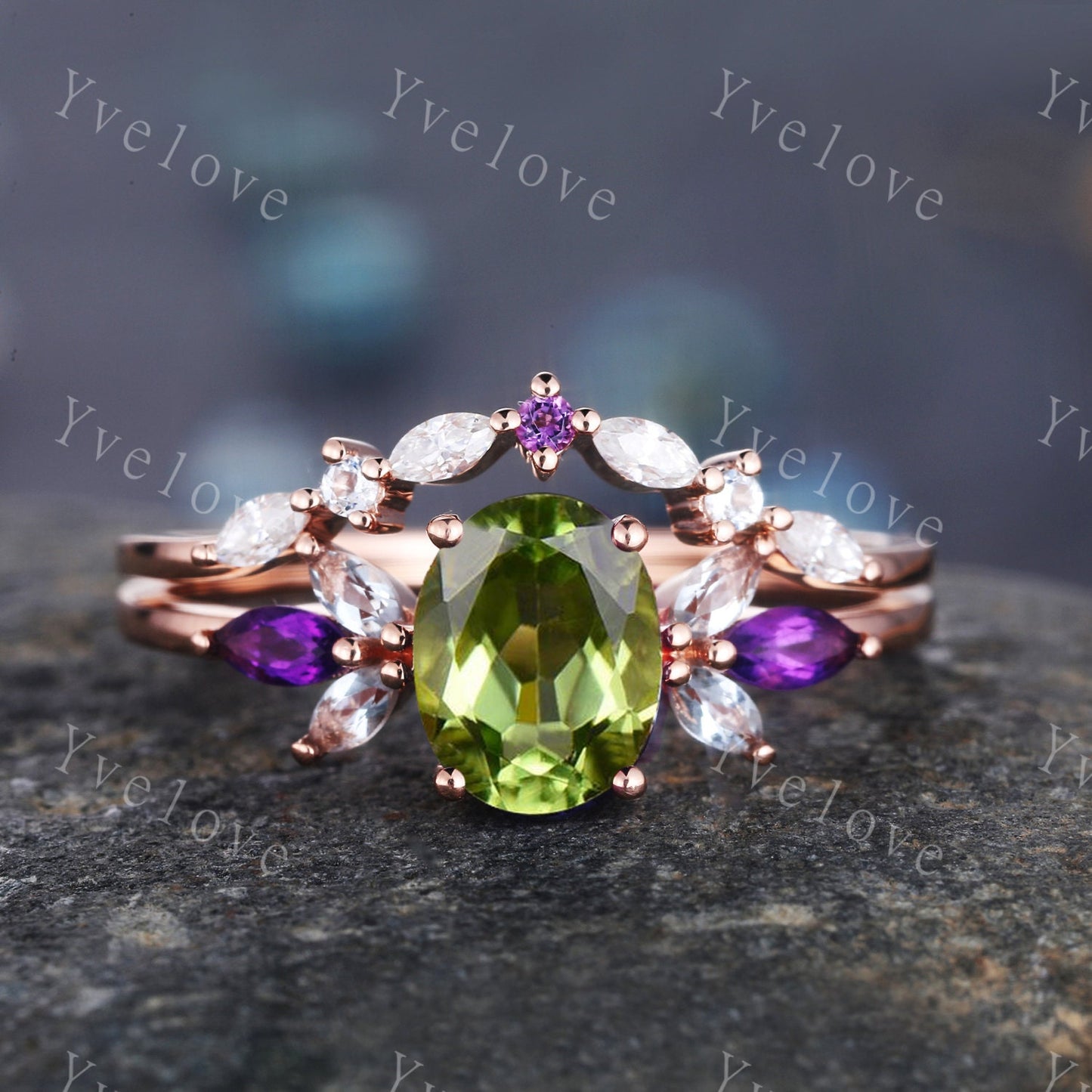 Vintage Blue Sandstone Engagement Ring set Unique Rose Gold Oval cut Bridal set Art deco curved stacking band promise anniversary rings gift