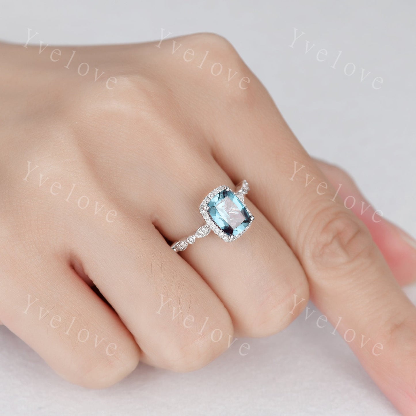 14K White Gold Cushion Alexandrite Engagement Ring Color-changing Alexandrite Ring Art Deco Halo 6x8mm Diamond Pave Wedding Ring Set for her