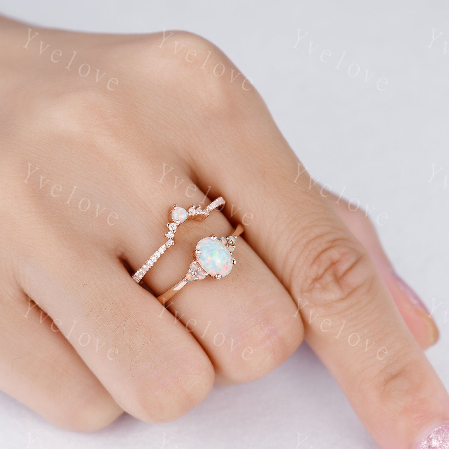 White Opal Engagement Ring Set,Opal Rings for Women, Rose Gold Opal Diamond Curved Matching Band set his and hers Promise Ring, Danity Ring
