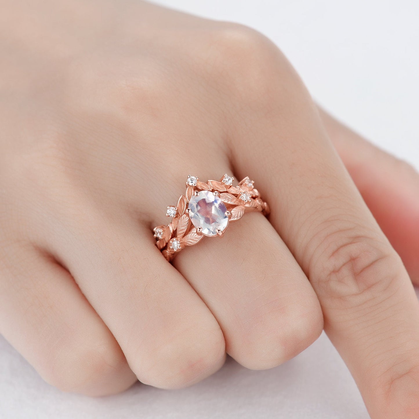 Rainbow Moonstone Engagement Ring Set Rose Gold Bridal Antique Floral Moonstone Diamond Ring Art Deco Curved Stacking Band Birthday Gift