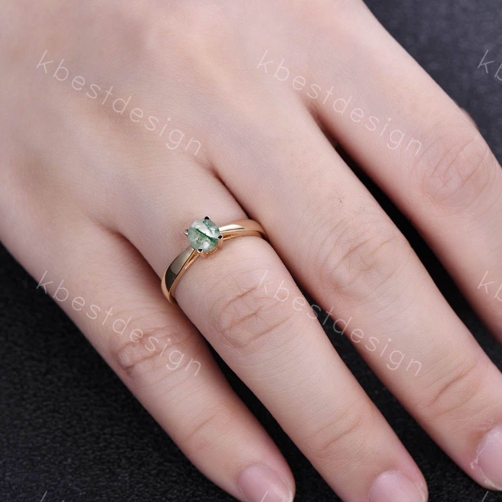 Delicate Moss Agate Ring Round Cut Moss Agate Engagement Ring Yellow Gold Solitaire Ring Stacking Ring Promise Ring Anniversary Gift