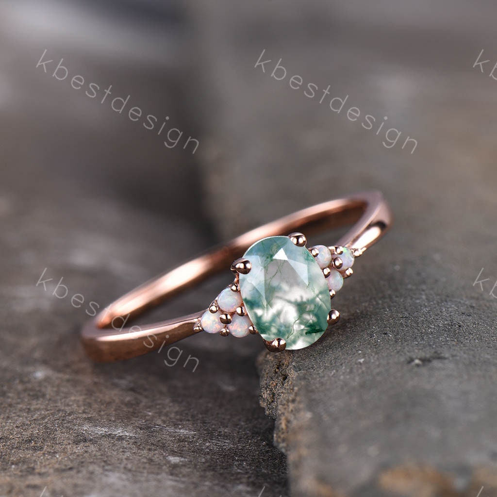 Oval Moss Agate engagement ring rose gold dainty engagement ring unique Opal cluster wedding ring bridal anniversary promise ring