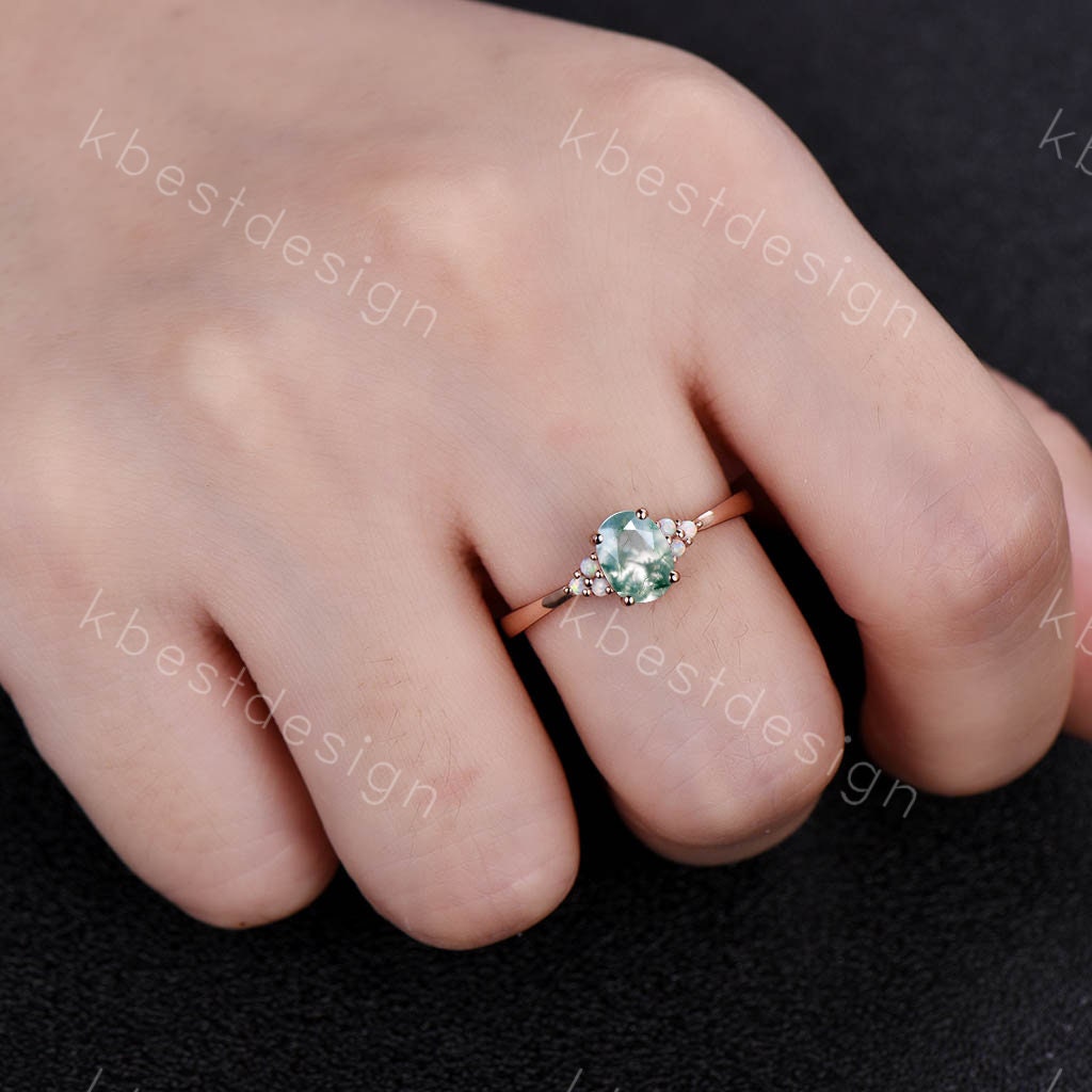 Oval Moss Agate engagement ring rose gold dainty engagement ring unique Opal cluster wedding ring bridal anniversary promise ring