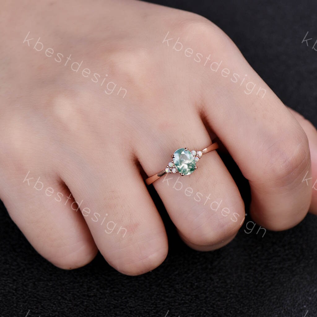 Oval Moss Agate engagement ring rose gold dainty engagement ring unique Opal cluster wedding ring bridal anniversary promise ring