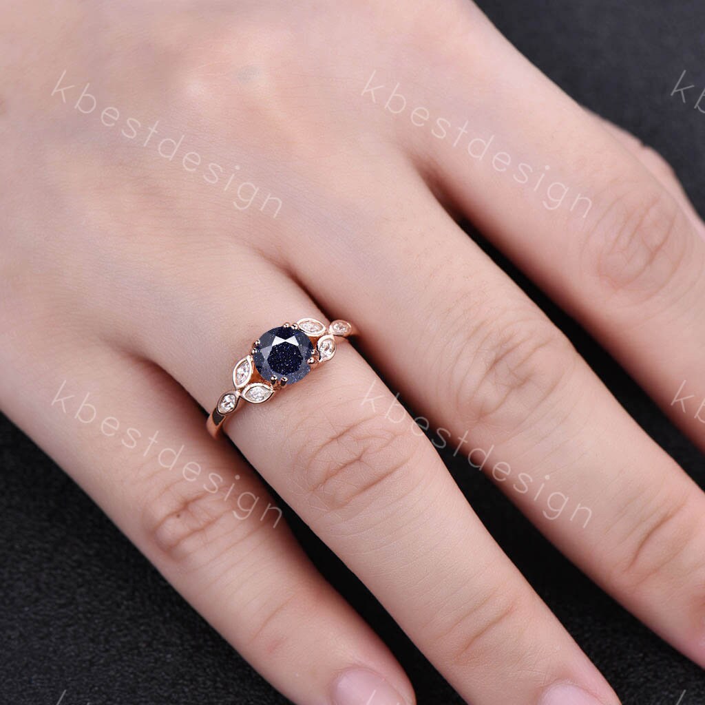 Blue Sandstone Ring 925 sterling silver ring Round cut blue sandstone engagement ring white gold unique marquise diamond band Gift for her