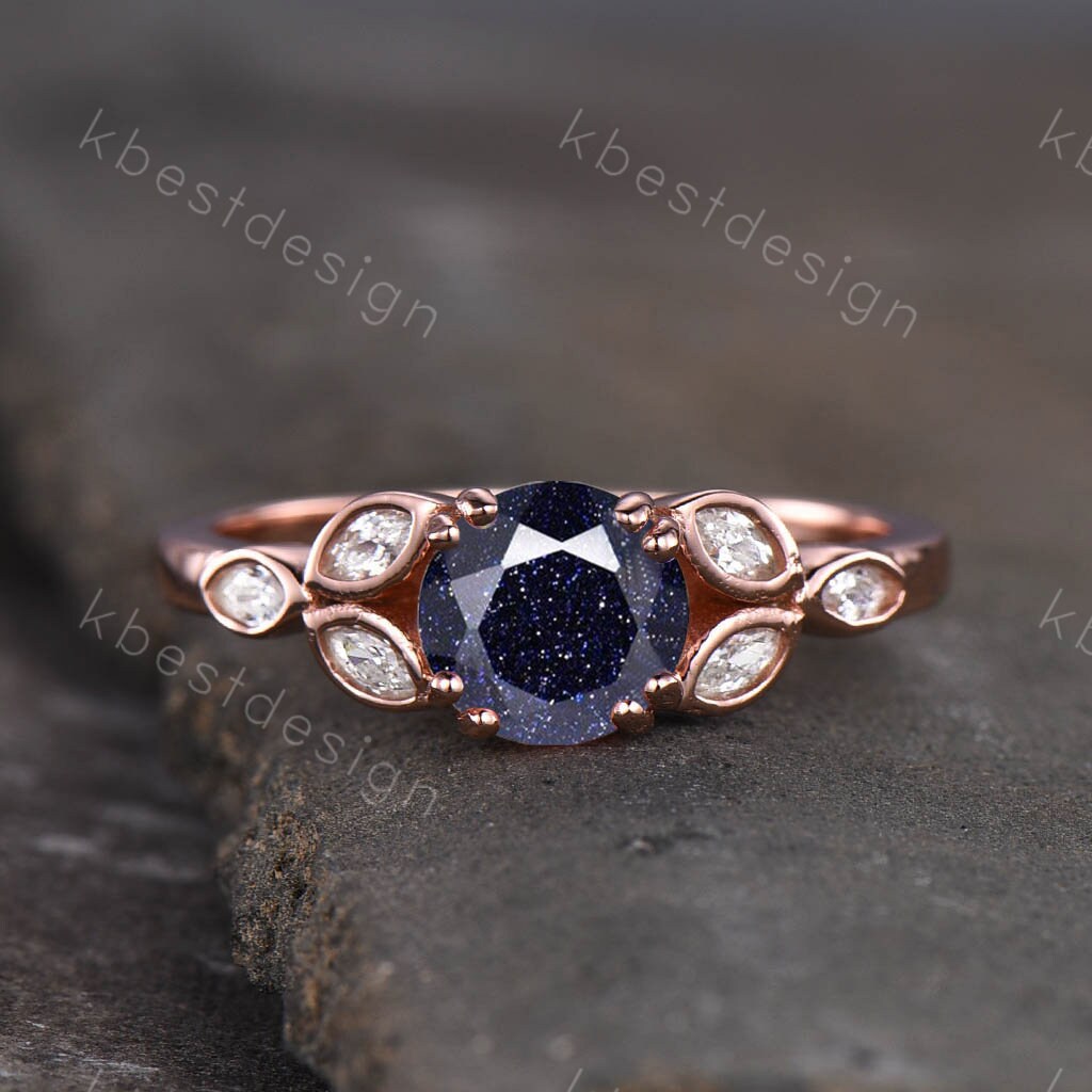 Blue Sandstone Ring 925 sterling silver ring Round cut blue sandstone engagement ring white gold unique marquise diamond band Gift for her