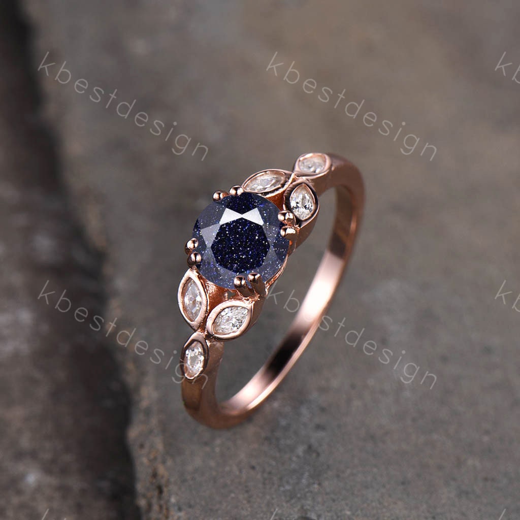 Blue Sandstone Ring 925 sterling silver ring Round cut blue sandstone engagement ring white gold unique marquise diamond band Gift for her