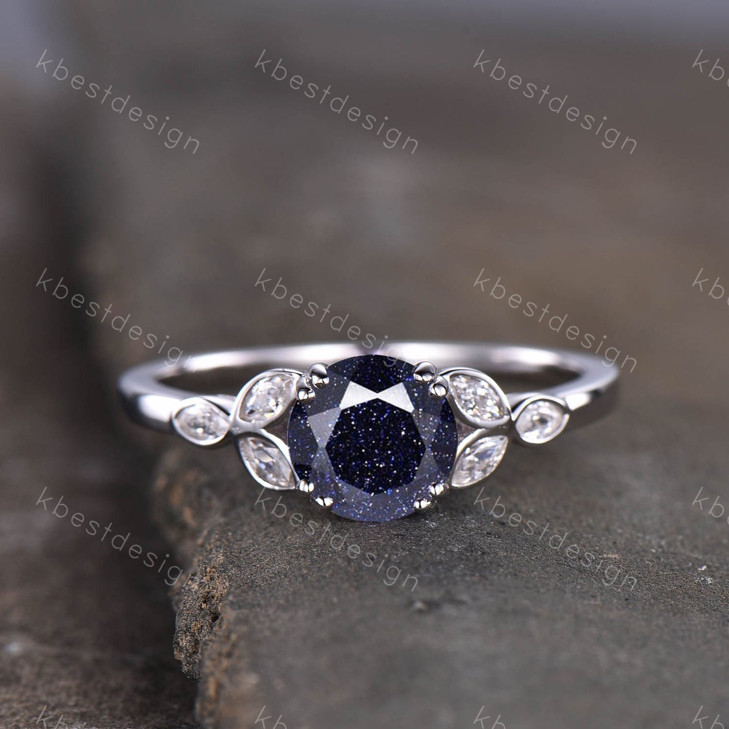Blue Sandstone Ring 925 sterling silver ring Round cut blue sandstone engagement ring white gold unique marquise diamond band Gift for her