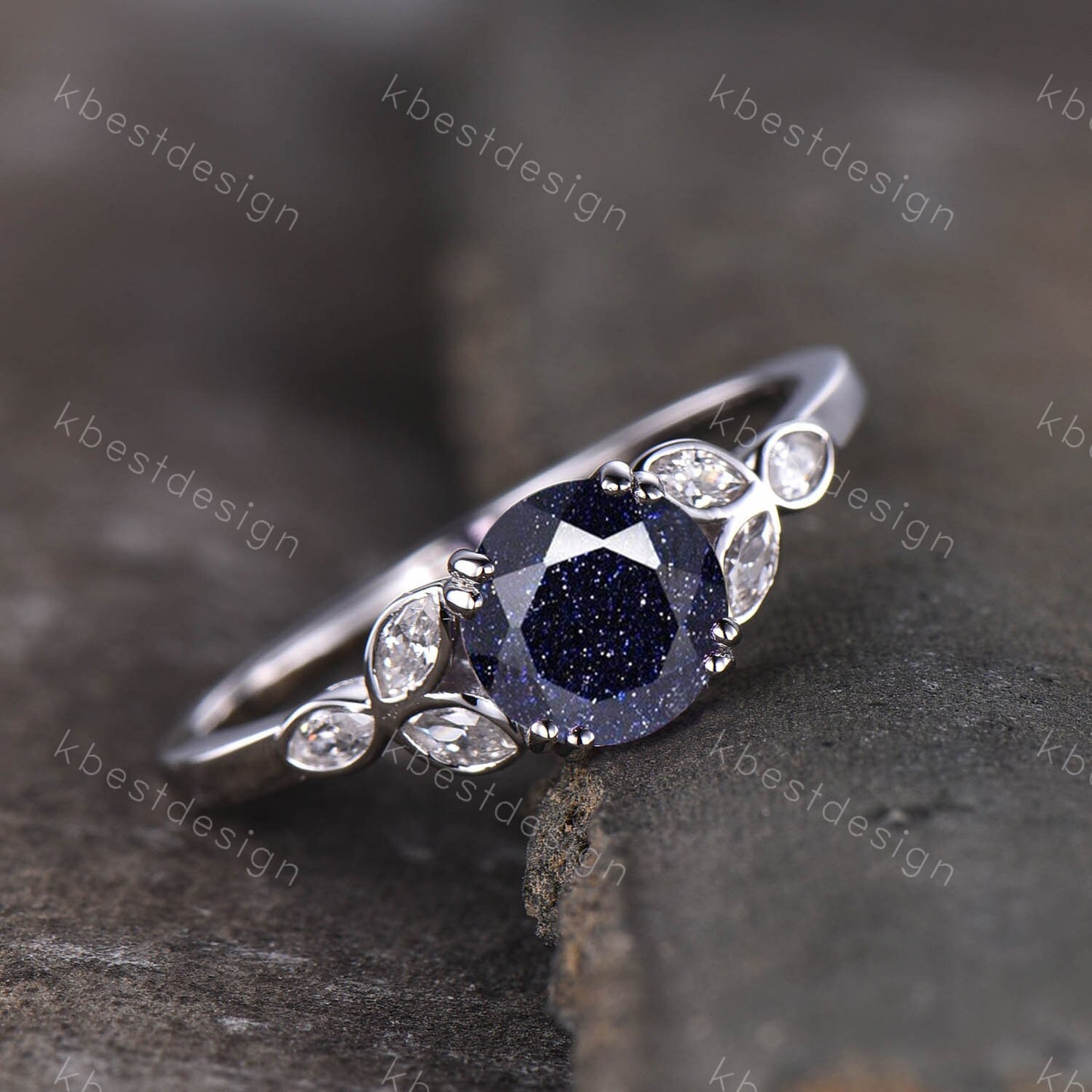 Blue Sandstone Ring 925 sterling silver ring Round cut blue sandstone engagement ring white gold unique marquise diamond band Gift for her