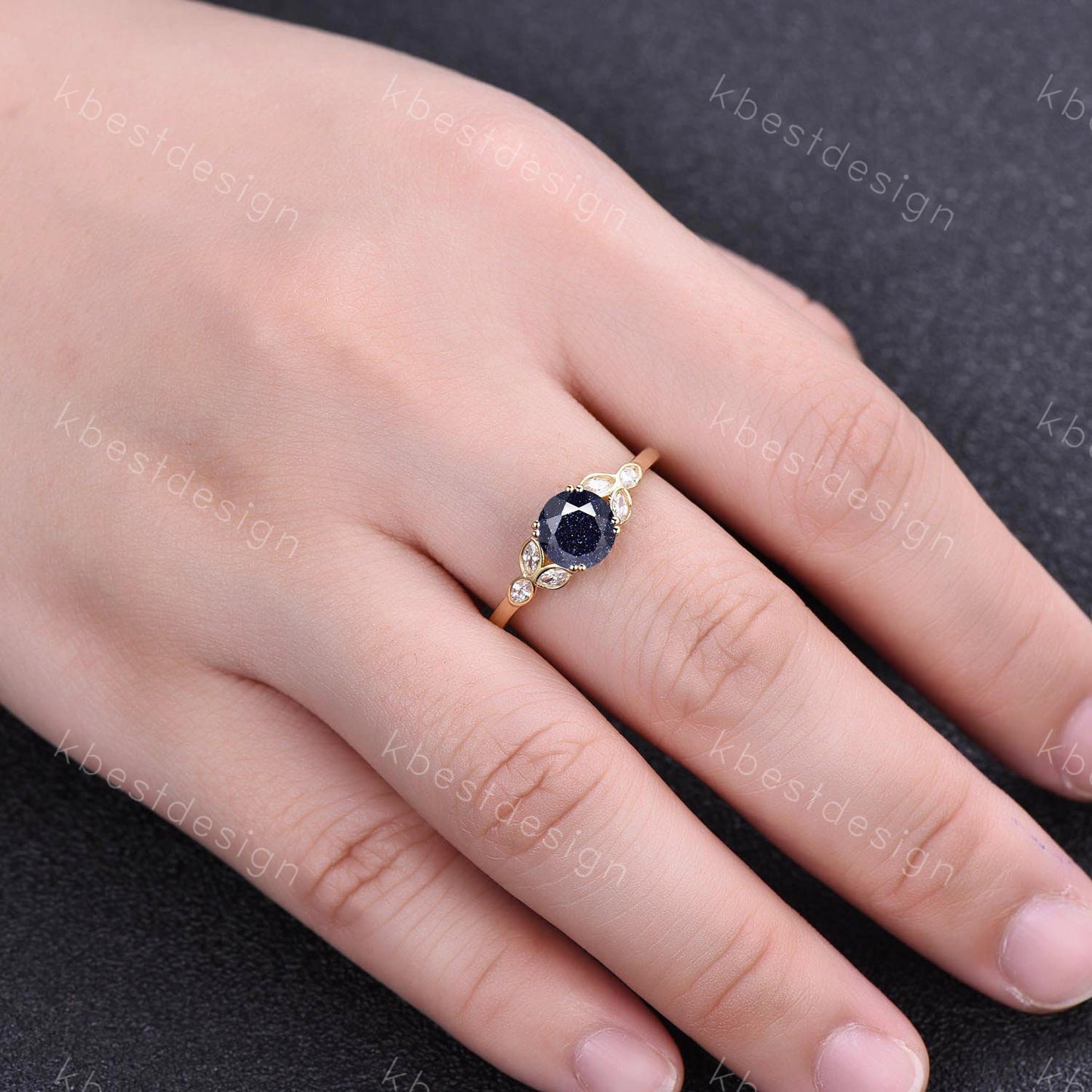 Blue Sandstone Ring 925 sterling silver ring Round cut blue sandstone engagement ring white gold unique marquise diamond band Gift for her