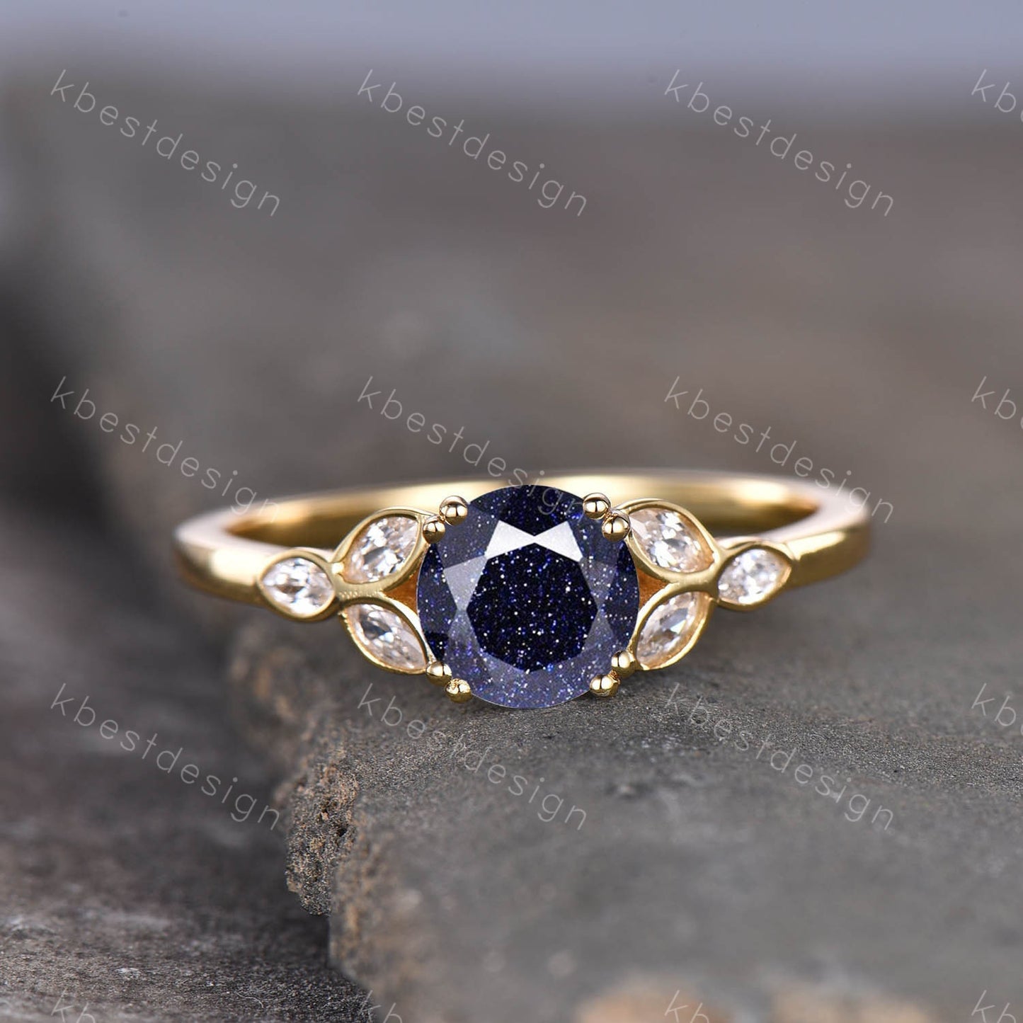 Blue Sandstone Ring 925 sterling silver ring Round cut blue sandstone engagement ring white gold unique marquise diamond band Gift for her