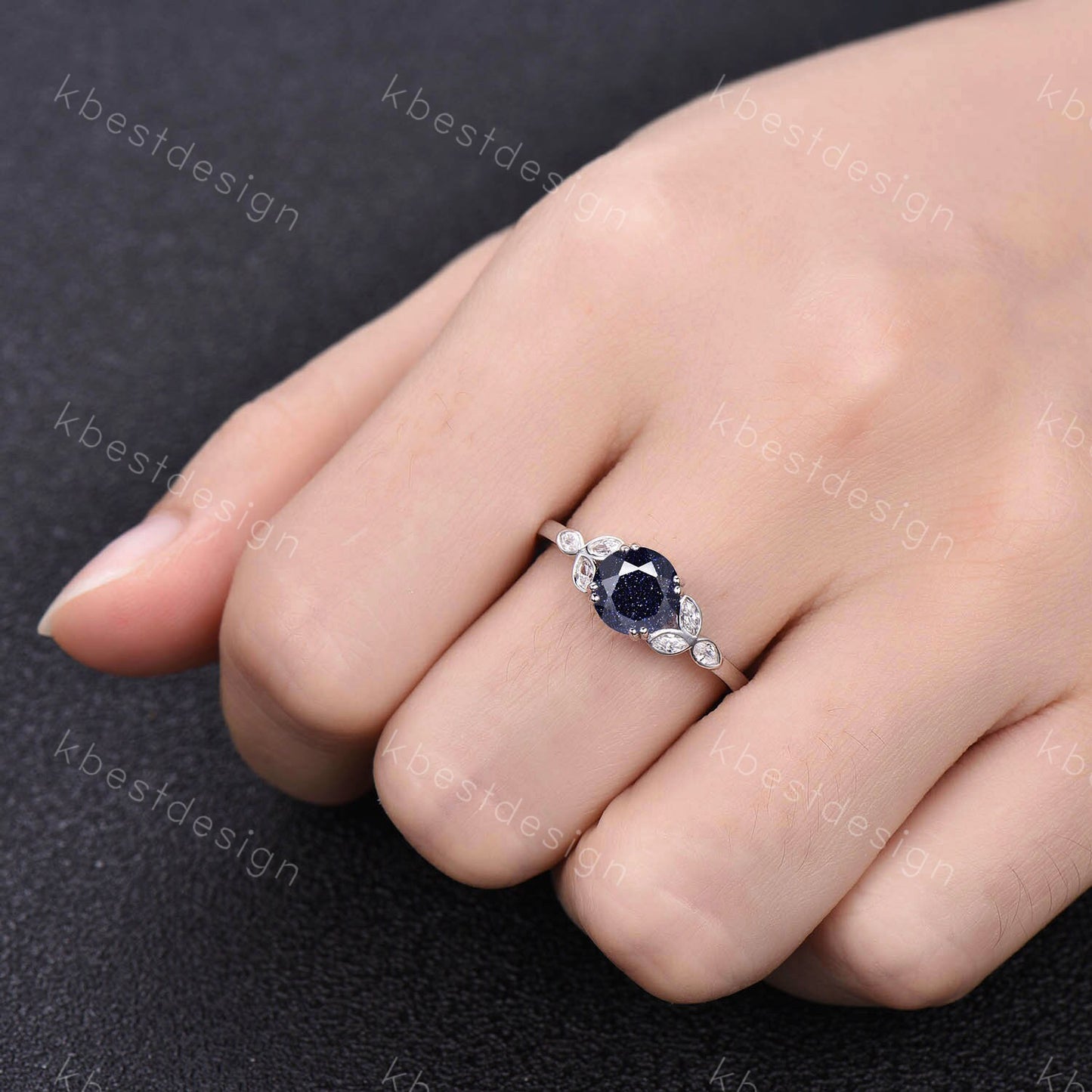 Blue Sandstone Ring 925 sterling silver ring Round cut blue sandstone engagement ring white gold unique marquise diamond band Gift for her