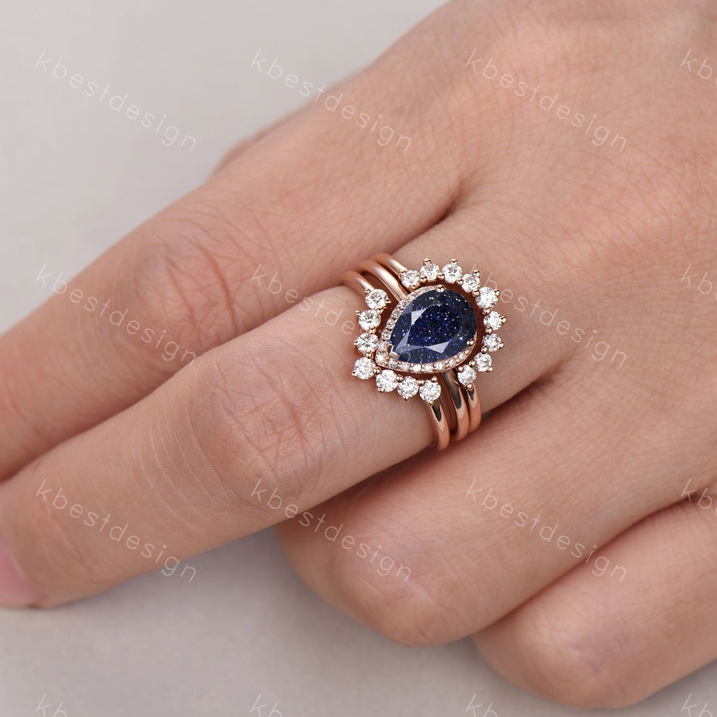 Vintage Blue Sandstone Wedding Ring Set Pear cut Blue Sandstone Engagement Ring Unique Curved Stacking Bands Bridal Promise Set Rose Gold