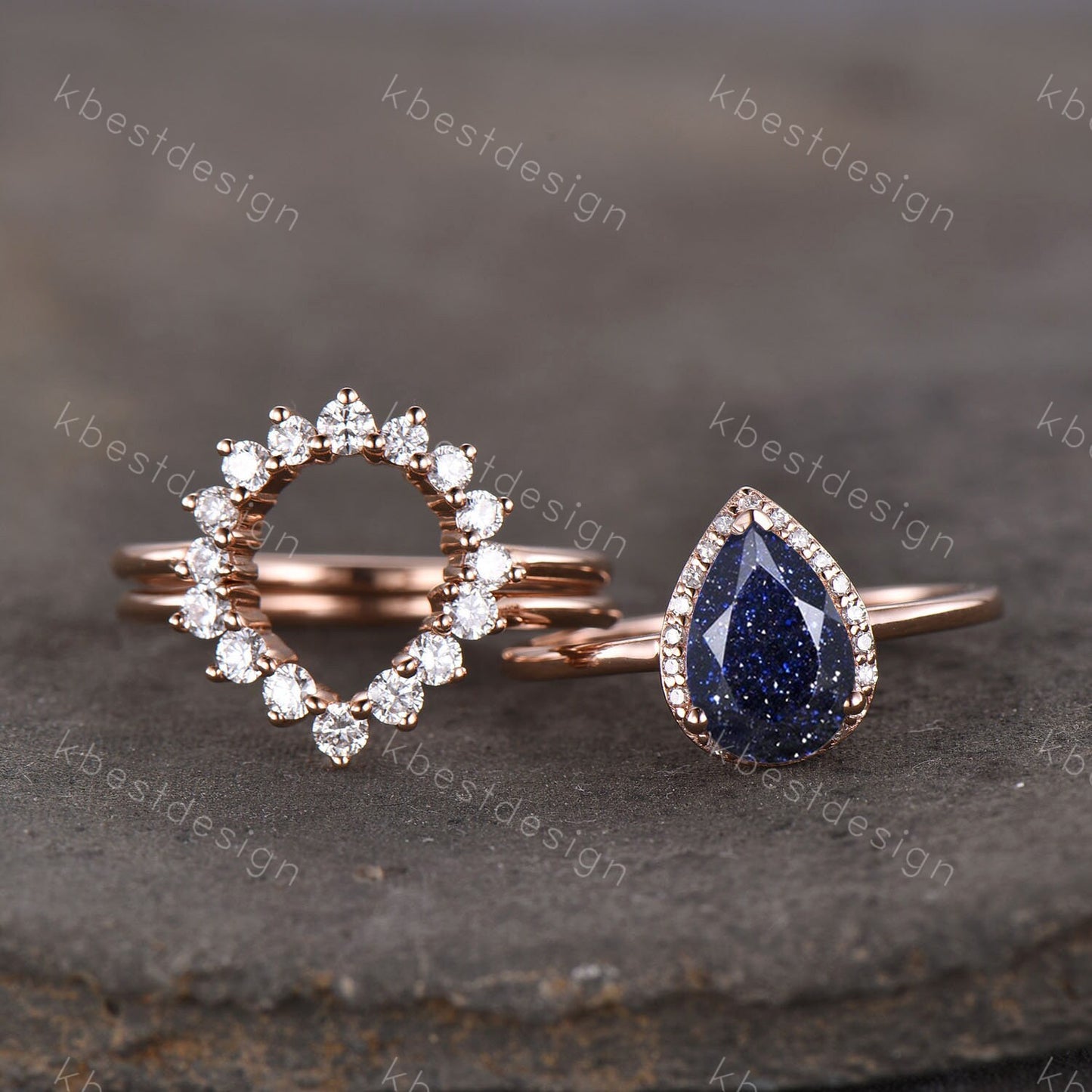 Vintage Blue Sandstone Wedding Ring Set Pear cut Blue Sandstone Engagement Ring Unique Curved Stacking Bands Bridal Promise Set Rose Gold