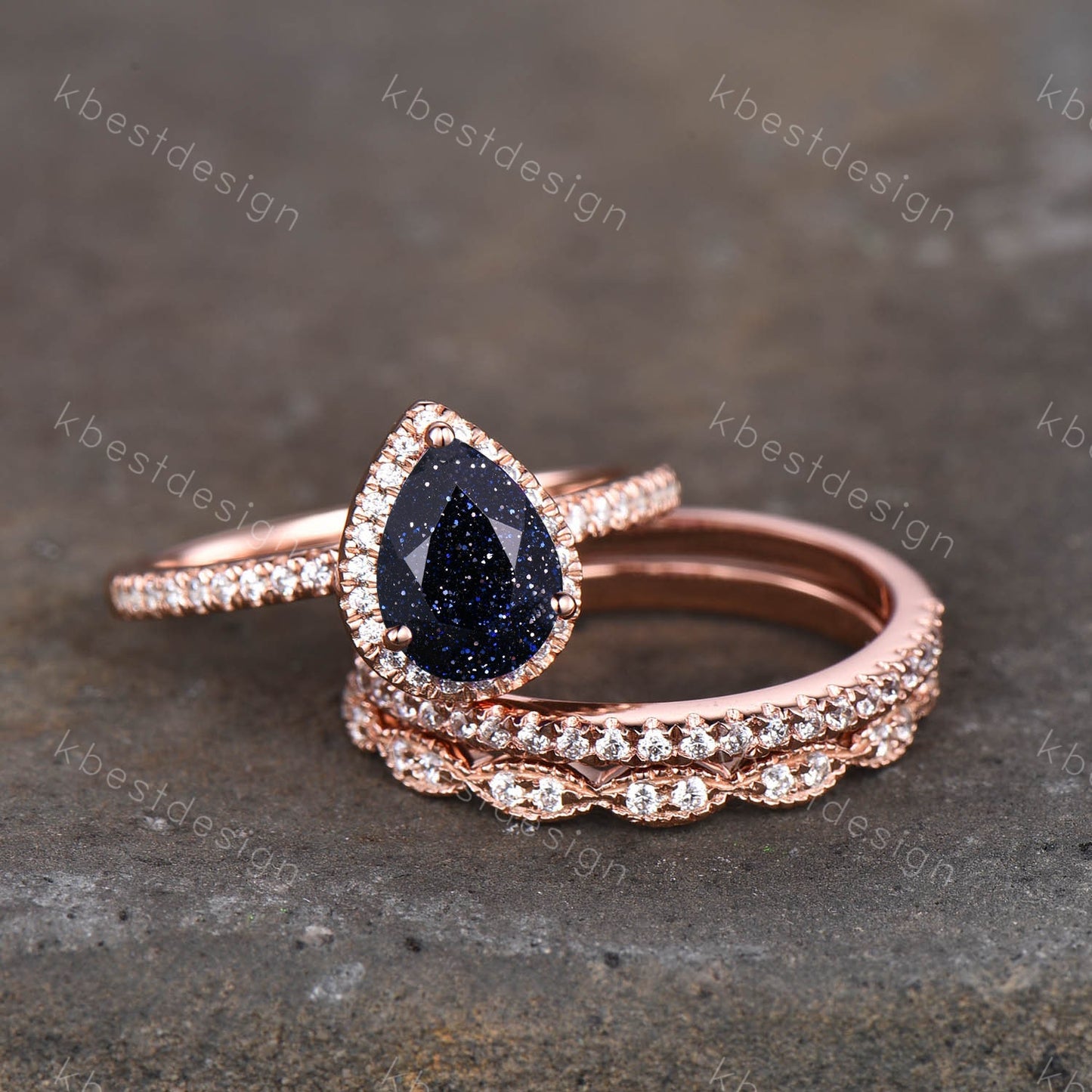 3PCS Blue Sandstone Wedding Set Art deco rose gold wedding ring pear blue sandstone engagement ring half eternity bands Promise Bridal ring