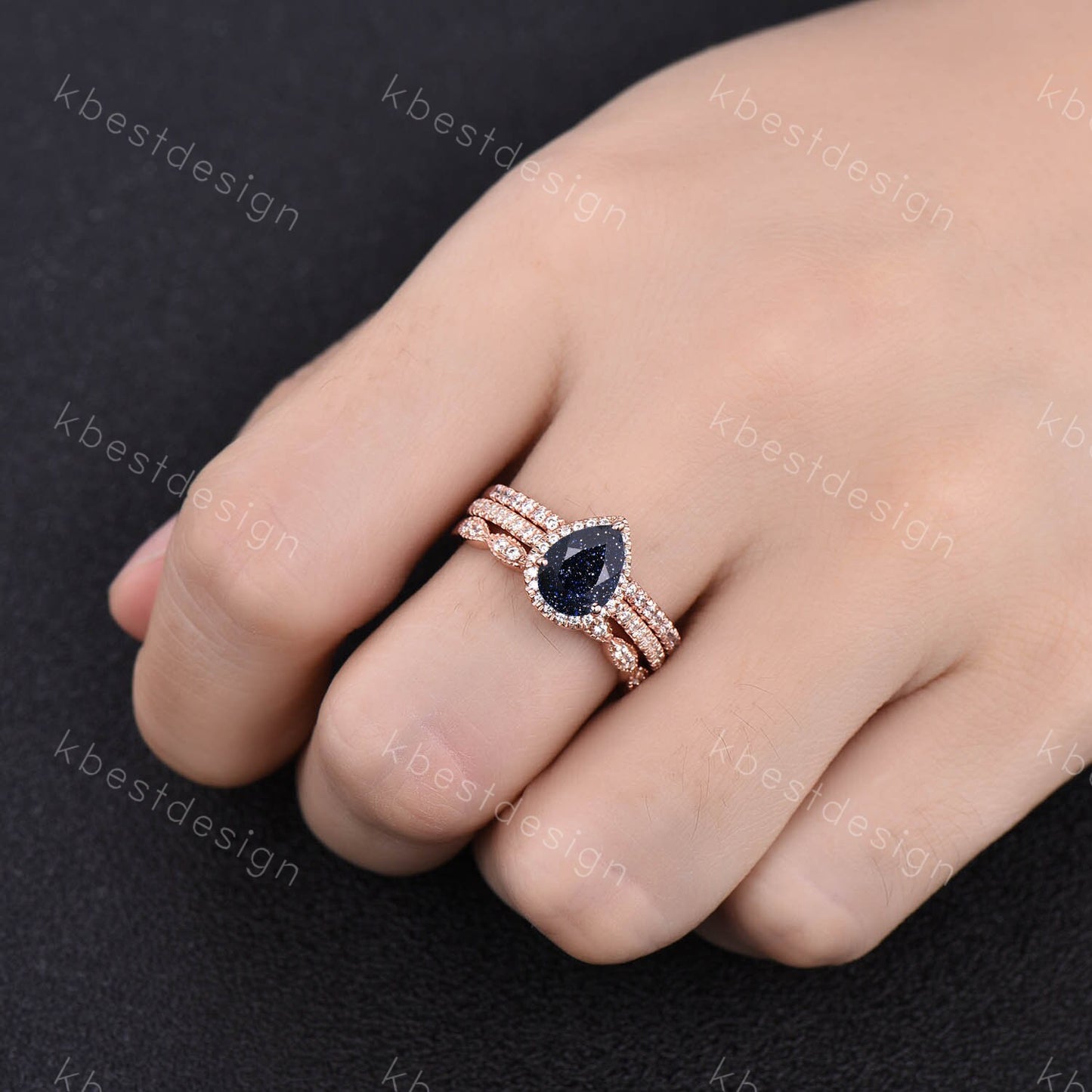 3PCS Blue Sandstone Wedding Set Art deco rose gold wedding ring pear blue sandstone engagement ring half eternity bands Promise Bridal ring
