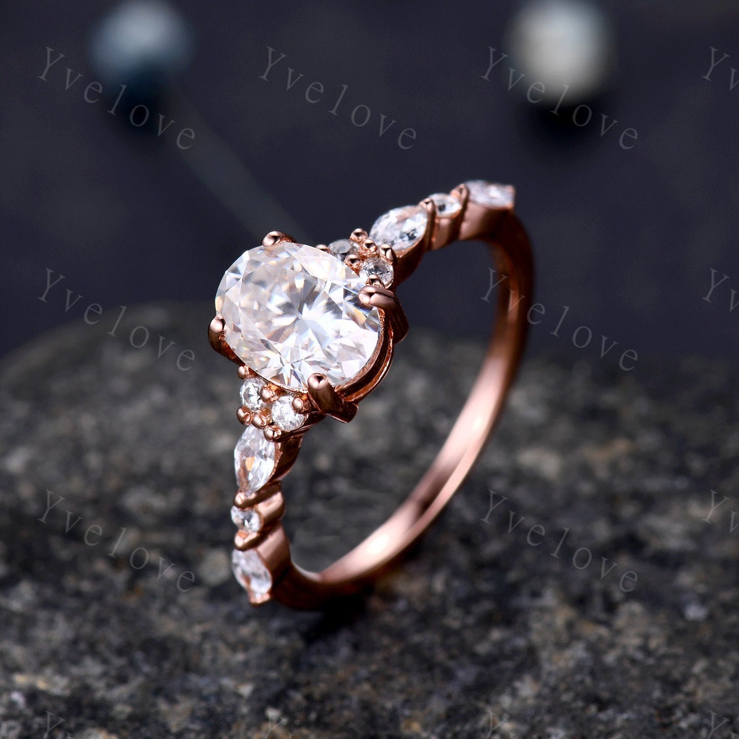 1.5ct Oval Moissanite Engagement Ring Set Moissanite Bridal Set Unique Marquise Moissanite Chevron Band Rose Gold Cluster Wedding Women Ring