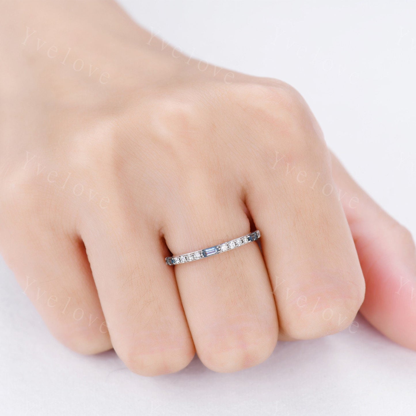 Blue Topaz Wedding Band 14K White Gold Half Eternity Diamond Wedding Ring Anniversary Gifts for Her Stacking Matching Band Handmade Ring