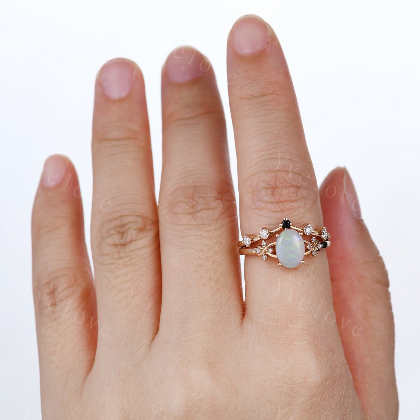Natural Opal Engagement Ring Set,White Fire Opal,Oval Opal Bridal Set,Black Diamond Stacking Band,Cluster Women 14K Rose Gold Ring,Handmade