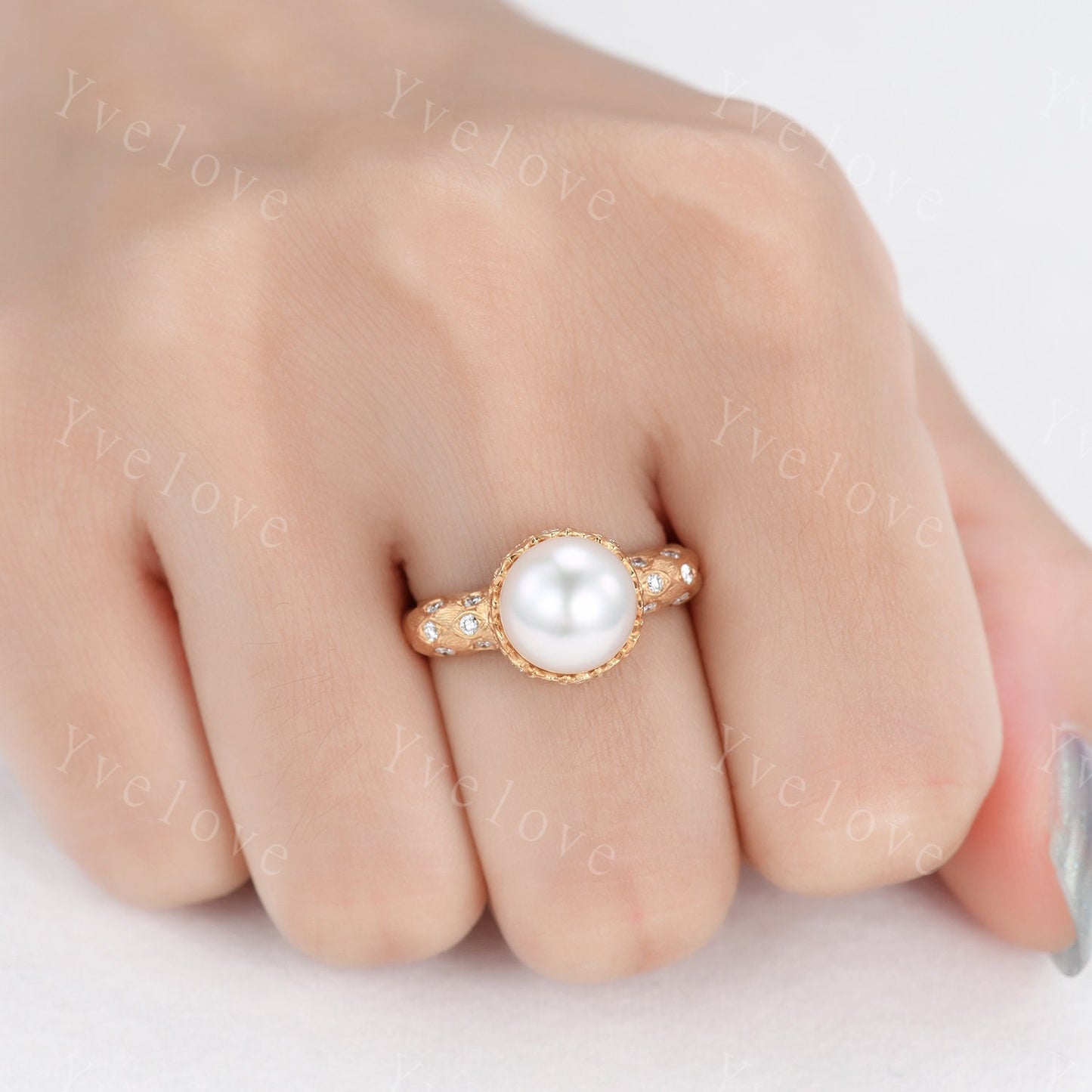 9mm Exquisite Fresh Pearl Engagement Ring,Mother of Pearls,Natural Stone,Diamond Wedding band,Lotus ring,Statement ring,Her Wedding Jewelry