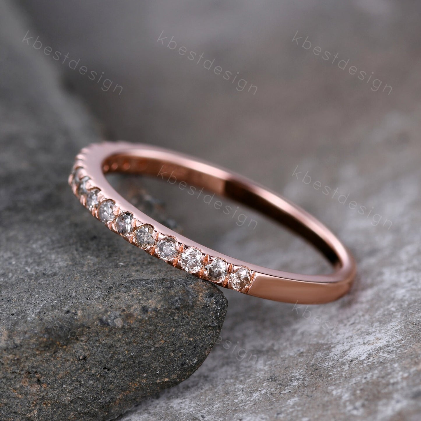 Dainty Thin 1.5mm Salt and Pepper Diamond Wedding Band Rose Gold Half Eternity Diamond Ring Delicate Stacking Matching Anniversary Gift