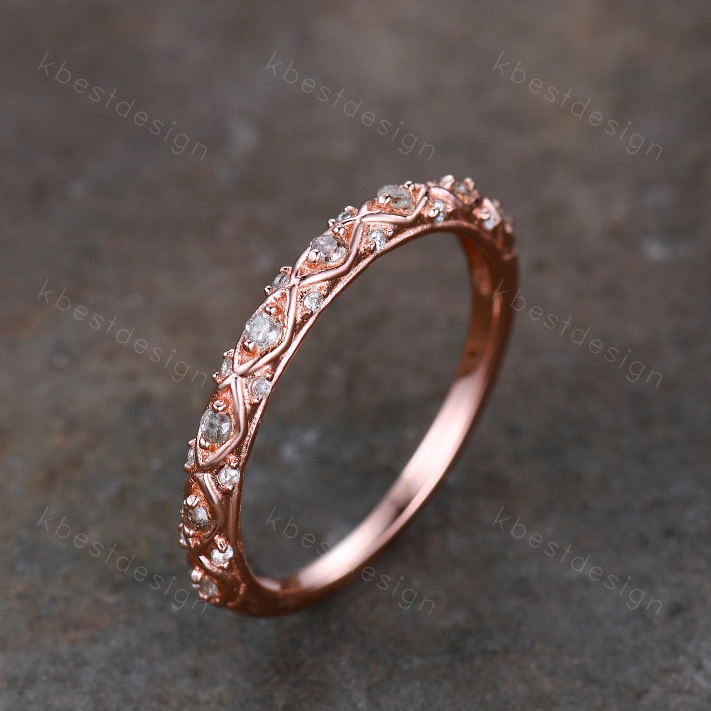 Vintage Rose gold Natural Diamond wedding band Unique Salt and pepper diamond wedding band Half Eternity Stacking Matching band Gift for Her