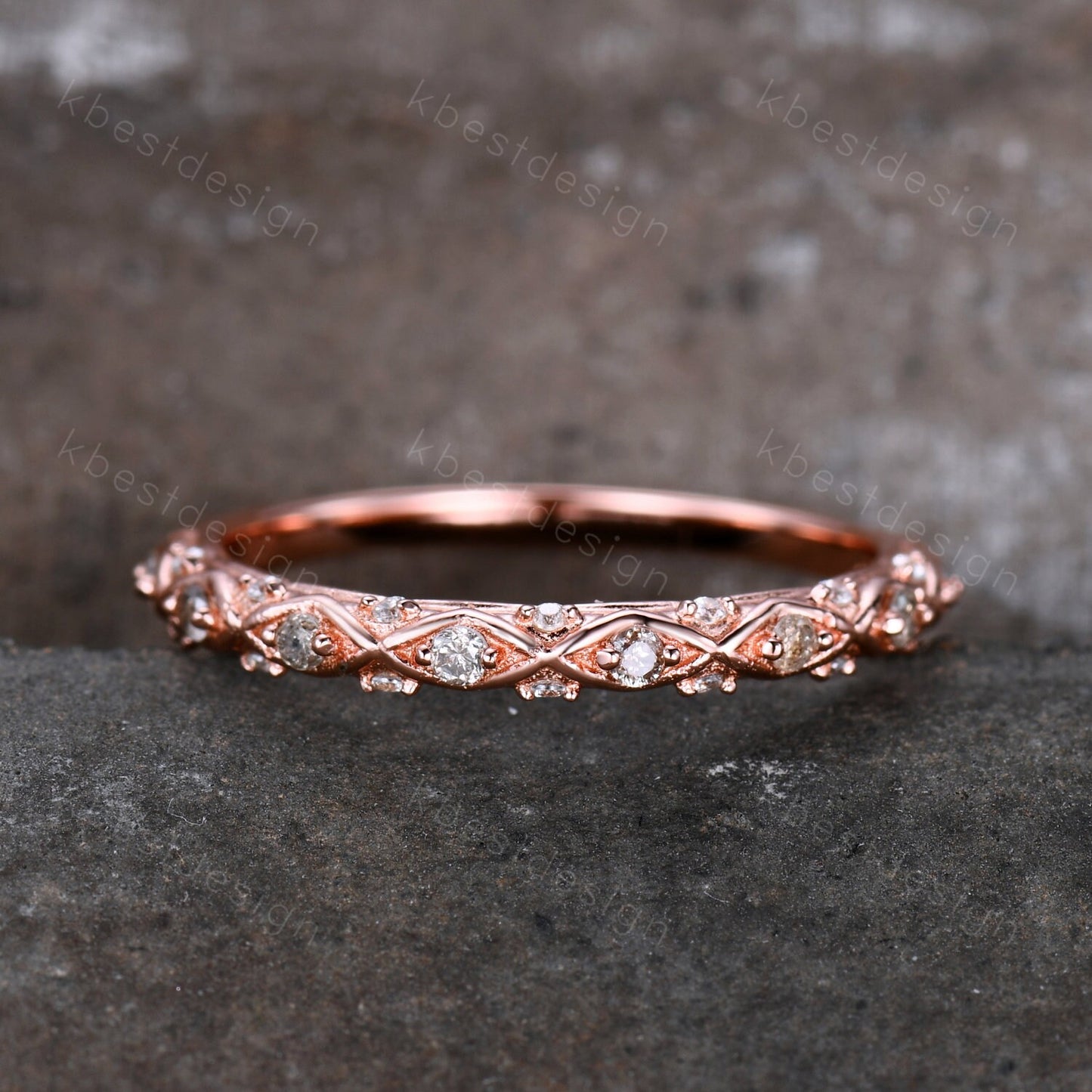 Vintage Rose gold Natural Diamond wedding band Unique Salt and pepper diamond wedding band Half Eternity Stacking Matching band Gift for Her