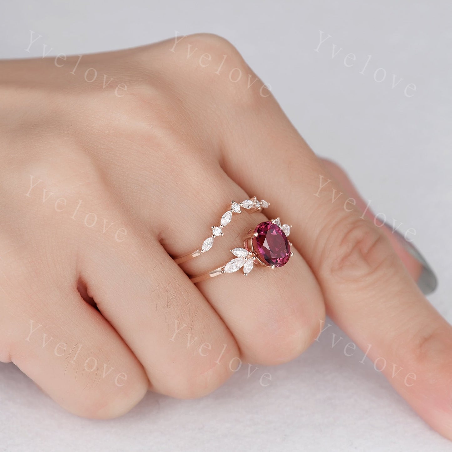 Natural Pink Tourmaline Engagement Ring Set,14k Rose Gold Marquise Moissanite Band,October Birthstone Ring,Art Deco Promise Anniversary Gift